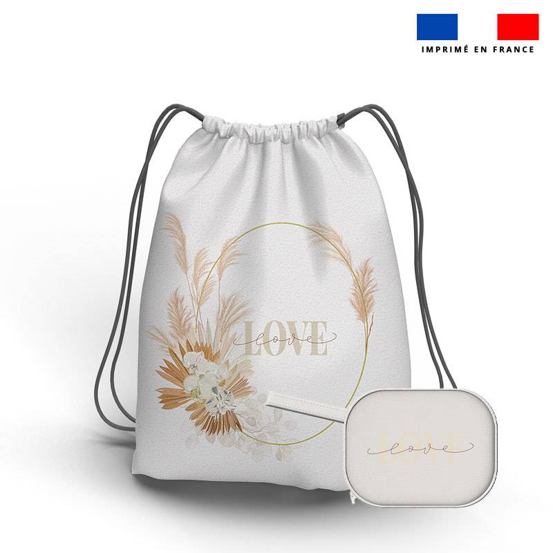 Kit sac à dos coulissant + porte-monnaie blanc motif LOVE