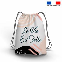 Kit sac à dos coulissant + porte-monnaie blanc motif La vie est belle noire