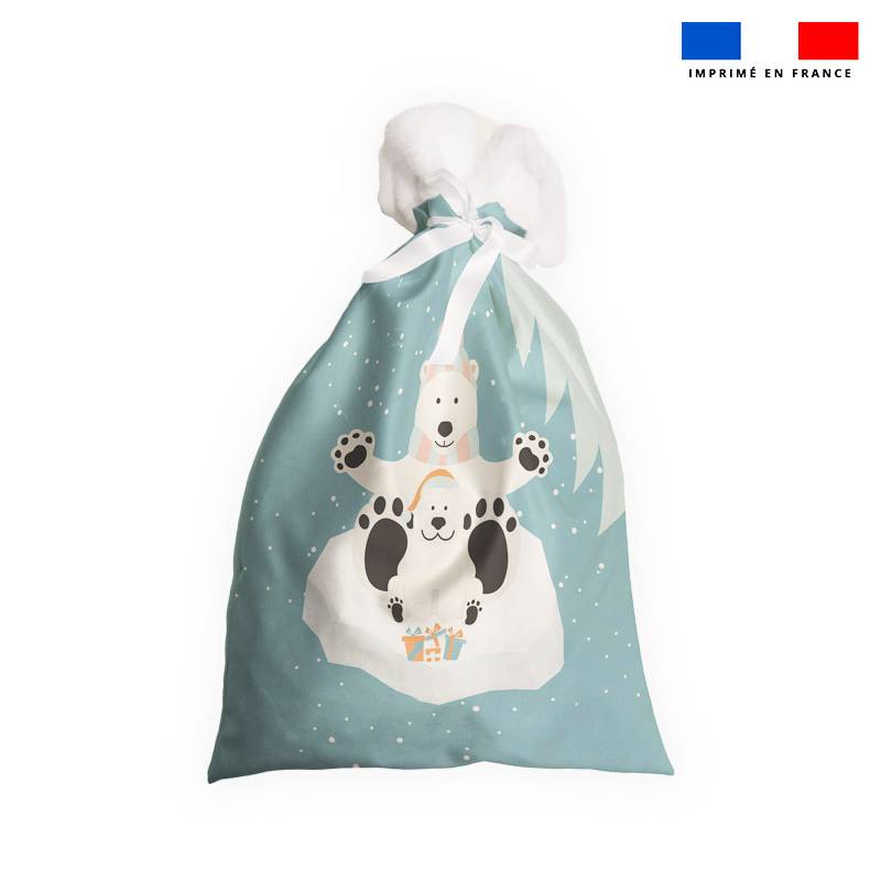 Kit hotte de Noel motif animaux de la banquise bleue + Fausse fourrure
