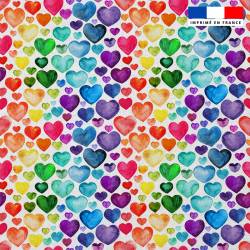 Popeline de coton peigné motif coeur multicolore aquarelle