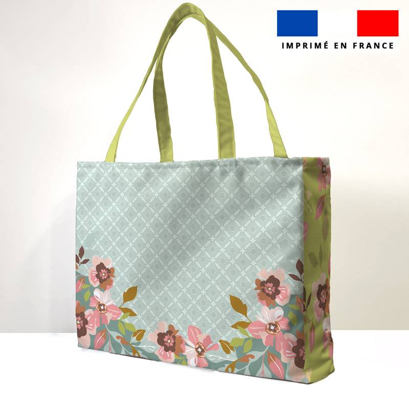 Kit sac de plage imperméable motif flowers vert - King size - Création Nathalie Gravey
