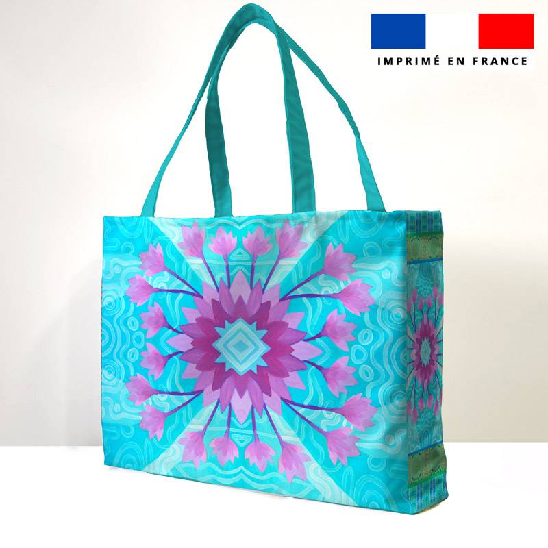 Kit sac de plage imperméable motif fleur ethnique mauve - King size - Création Lita Blanc