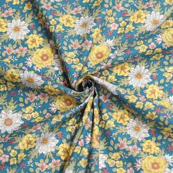 Coton bleu motif fleurs jaunes et blanches