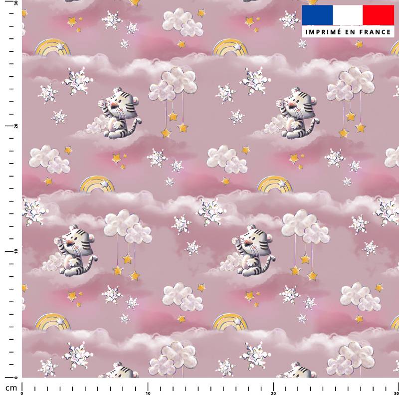 Tigre blanc et ses nuages - Fond rose - Création Stillistic