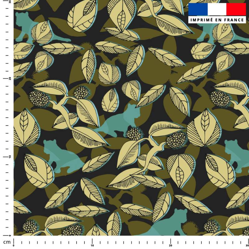 Tigre turquoise et feuilles beige - Fond vert - Création Lili Bambou Design