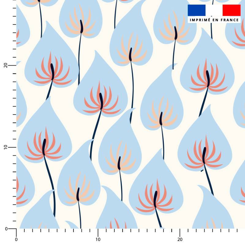Tissu imperméable motif fleurs bleues Santorin