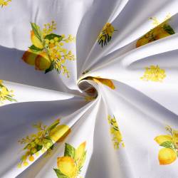 Tissu provençal blanc motif citron et mimosa