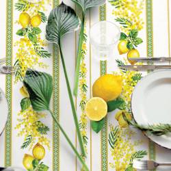 Tissu provençal blanc motif vence citron jaune et mimosa