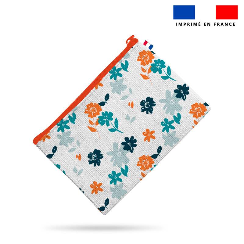 Kit pochette écru motif fleur orange et bleue et rayure