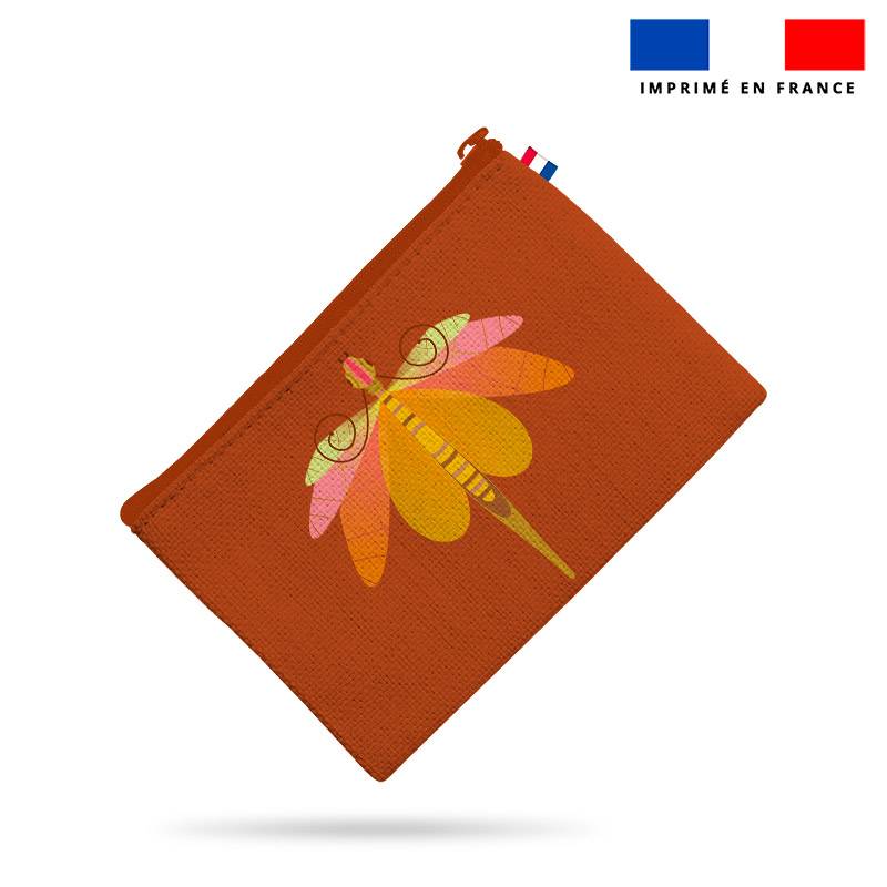Kit pochette marron motif libellule ocre - Création Lita Blanc