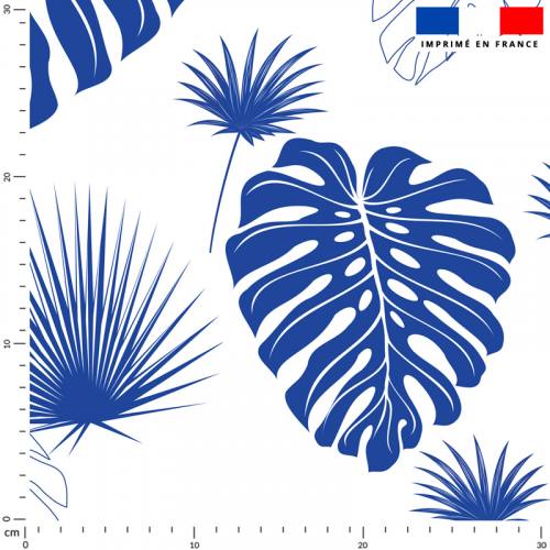coupon - Coupon 100cm - Feuille de palmier bleu majorelle - Fond écru - Éponge 300 gr/m² - 152 cm