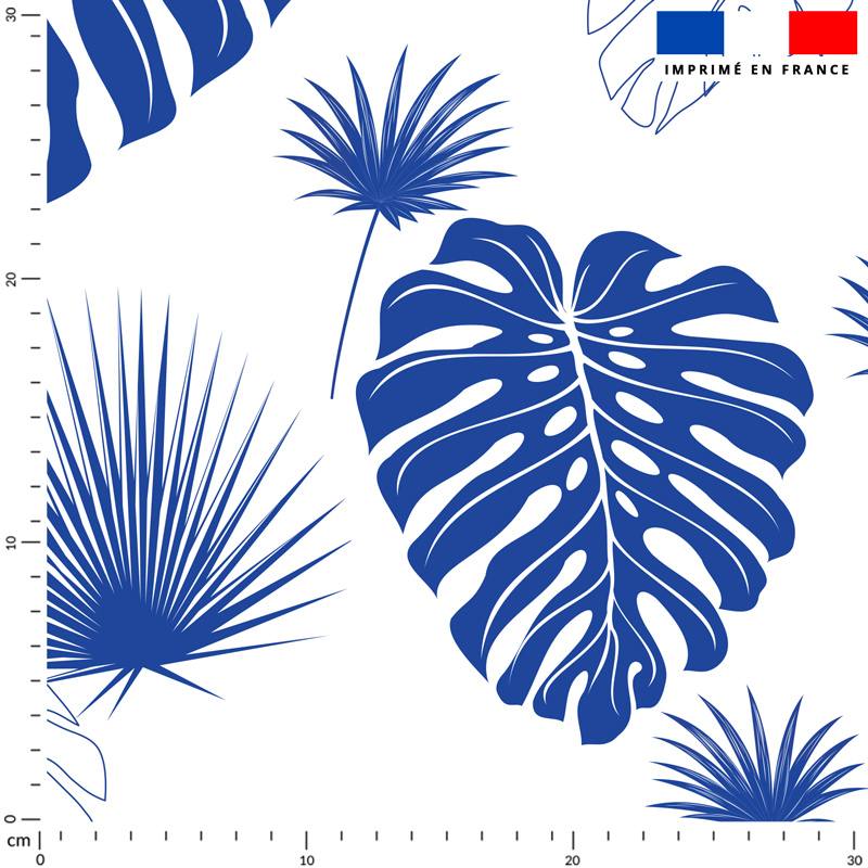 coupon - Coupon 100cm - Feuille de palmier bleu majorelle - Fond écru - Éponge 300 gr/m² - 152 cm