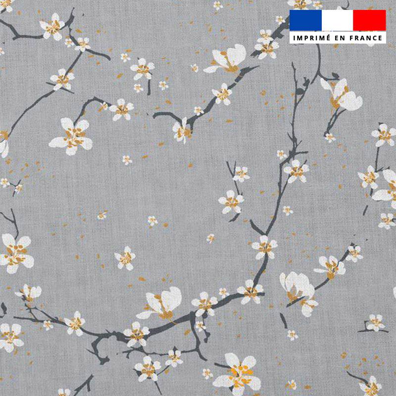 Popeline de coton grise peigné motif fleur de cerisier