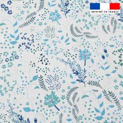 Popeline de coton blanche peigné motif fleurs champêtres bleues