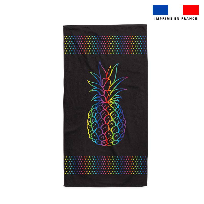 Coupon pour serviette de plage noir motif ananas multicolore