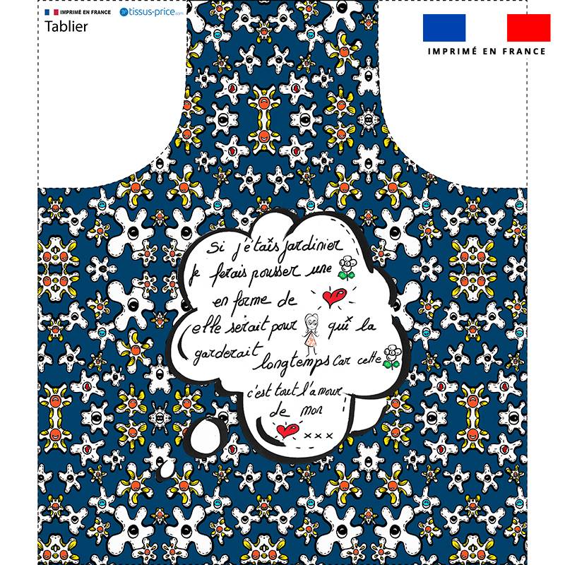 Patron imprimé pour tablier motif fleur poème bleu  - Création Anne-Sophie Dozoul