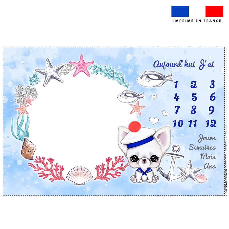 Coupon pour couverture mensuelle bébé motif chihuahua marin - Création Jolifox