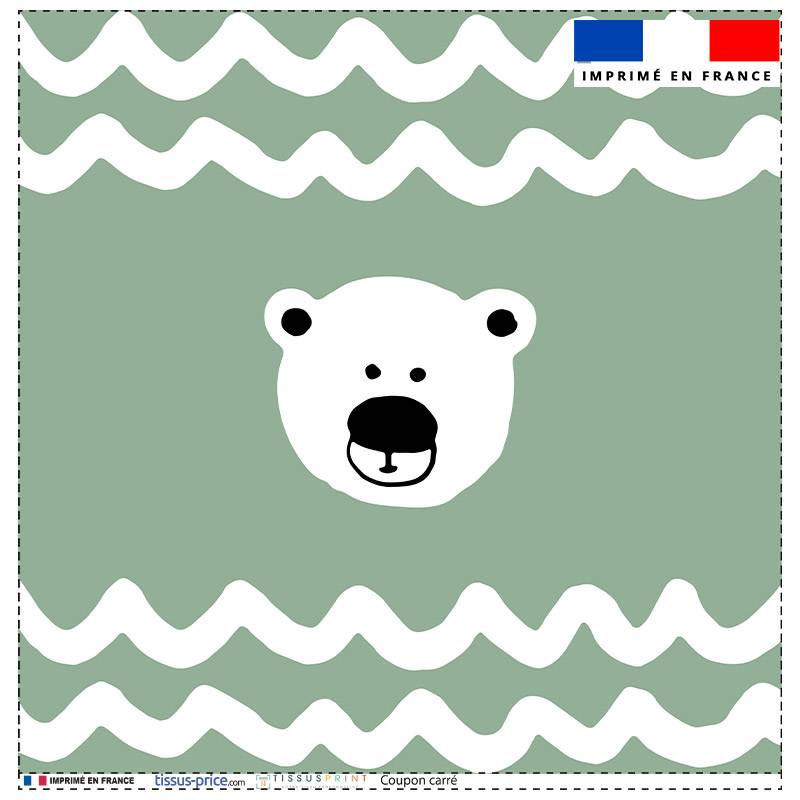 Coupon 45x45 cm vert sauge motif vague et ours blanc