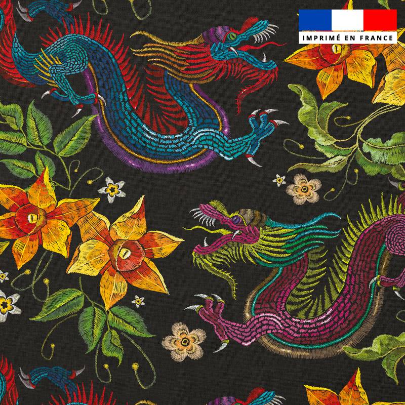Popeline de coton peigné noire motif dragon asiatique effet brodé