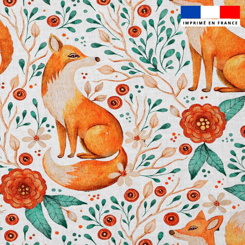 Popeline de coton peigné motif renard et fleur d'automne