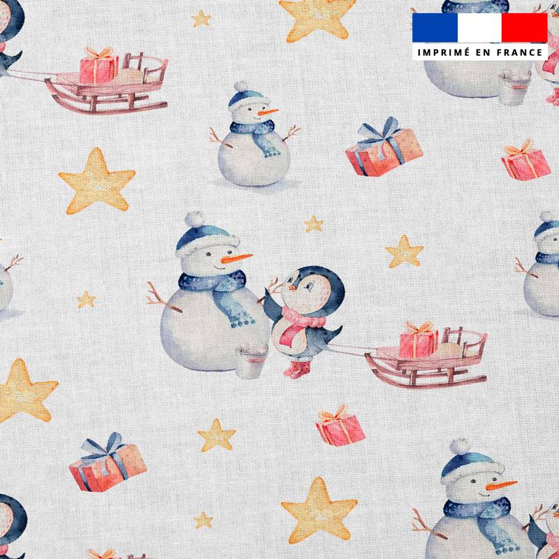 Popeline de coton peigné motif bonhomme de neige et pingouin de Noel