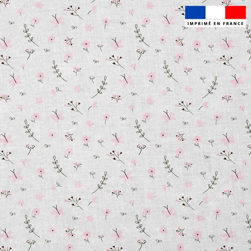 Popeline de coton peigné motif brindilles et petites fleurs roses