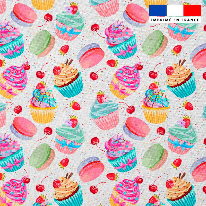 Popeline de coton peigné blanche motif cupcake