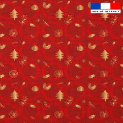 Popeline de coton peigné bordeaux motif couronne de Noel rouge