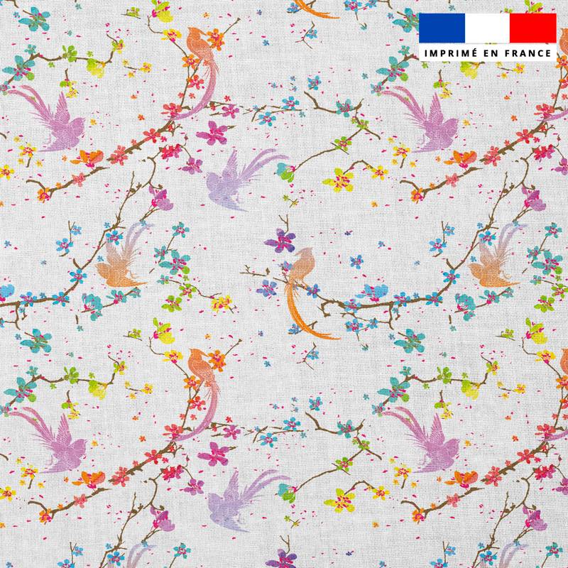 Popeline de coton peigné motif fleur de cerisier et oiseau multicolore