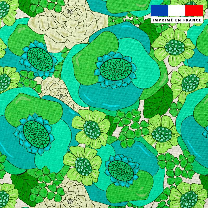 Popeline de coton peigné motif fleur vintage vert de printemps - Création La Fossette