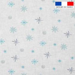 Popeline de coton peigné motif flocons de neige bleus et gris