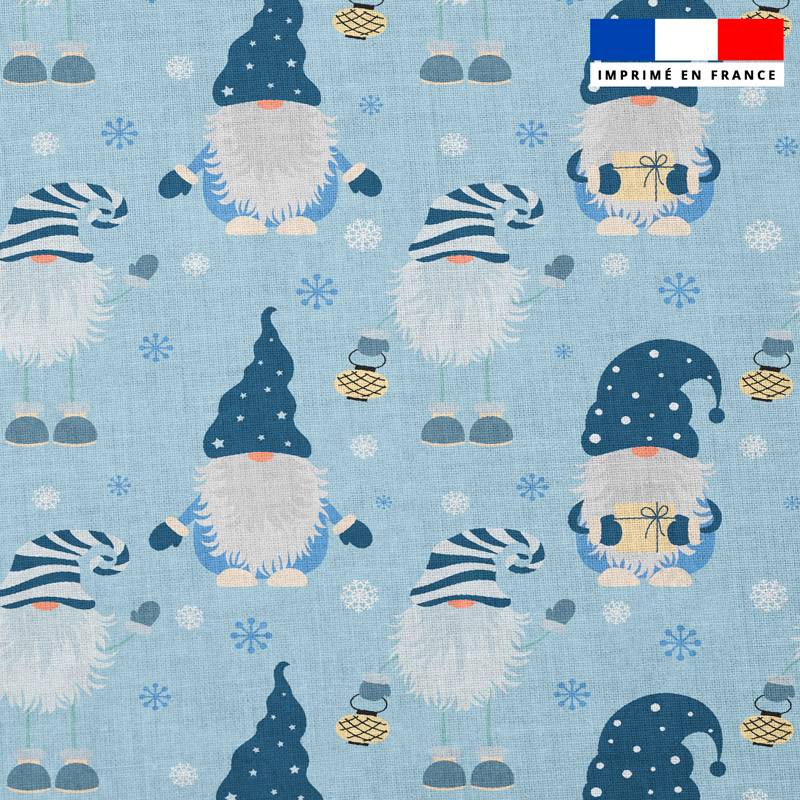 Popeline de coton peigné bleu ciel motif lutin de Noel