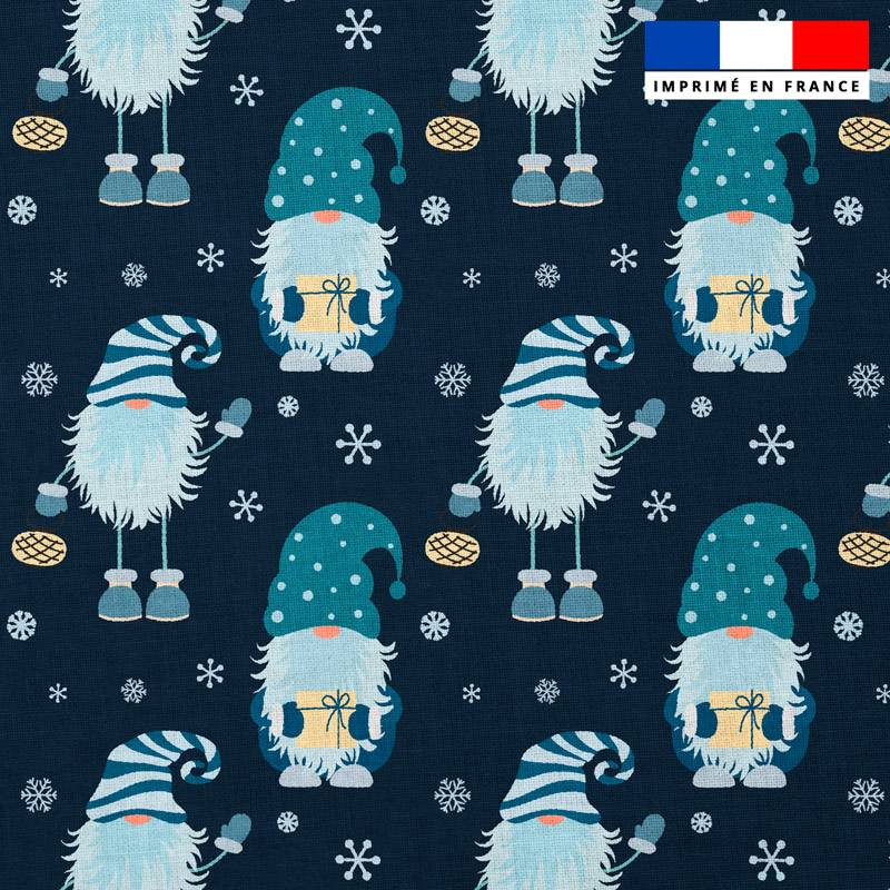 Popeline de coton peigné bleu foncé motif lutin et cadeau de Noel