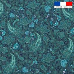 Popeline de coton turquoise peigné motif cachemire