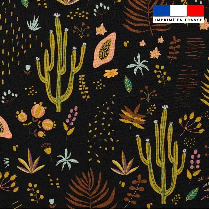 Popeline de coton peigné noire motif cactus et papaye