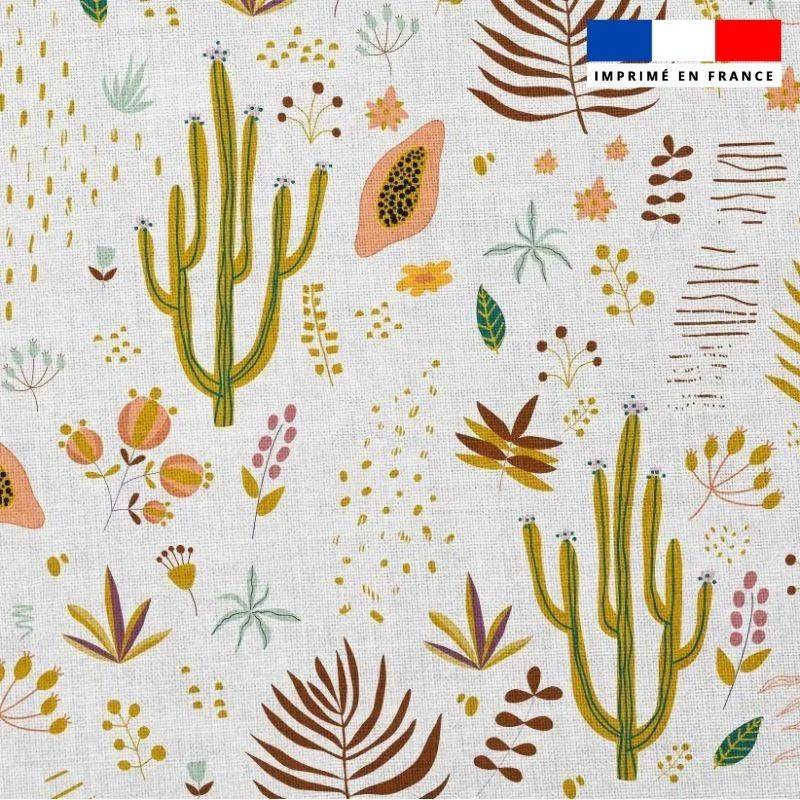 Popeline de coton peigné blanche motif cactus et papaye