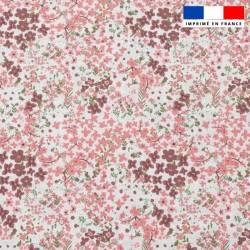 Popeline de coton peigné blanche motif fleurs des champs roses
