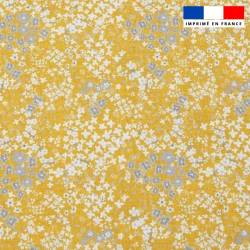 Popeline de coton peigné jaune motif fleurs des champs grises