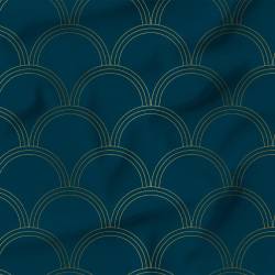 Popeline de coton peigné bleu paon motif écaille art déco dorée