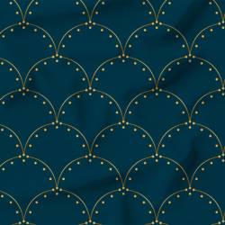Popeline de coton peigné bleu paon motif écaille à pois art déco dorée