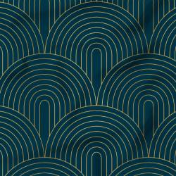 Popeline de coton peigné bleu paon motif vague art déco dorée