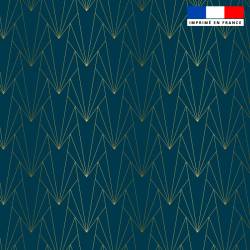 Popeline de coton peigné bleu paon motif écaille géométrique art déco dorée
