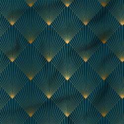 Popeline de coton peigné bleu paon motif damier écaille art déco dorée