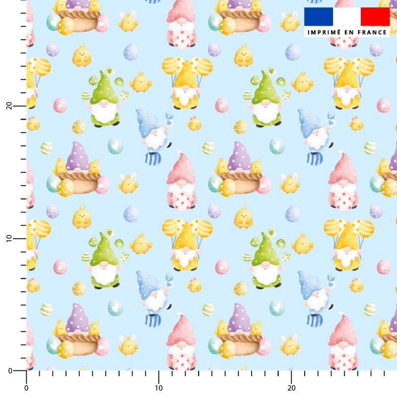 coupon - Coupon 50cm - Gnome et oeufs de Pâques - Fond bleu pastel - Burlington 170 gr/m² - 146 cm