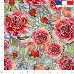 coupon - Coupon 200cm - Pivoine rouge - Création Véronique Baccino - Tissu Venezia blanc cassé 180 gr/m² - 144 cm