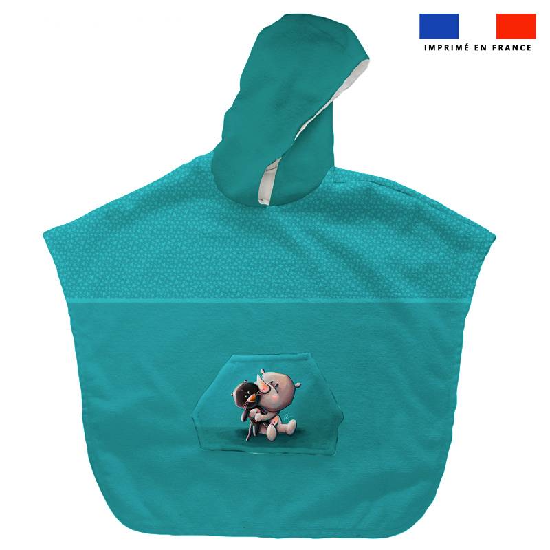 Kit poncho de bain bleu motif rhinocéros et doudou - Création Stillistic