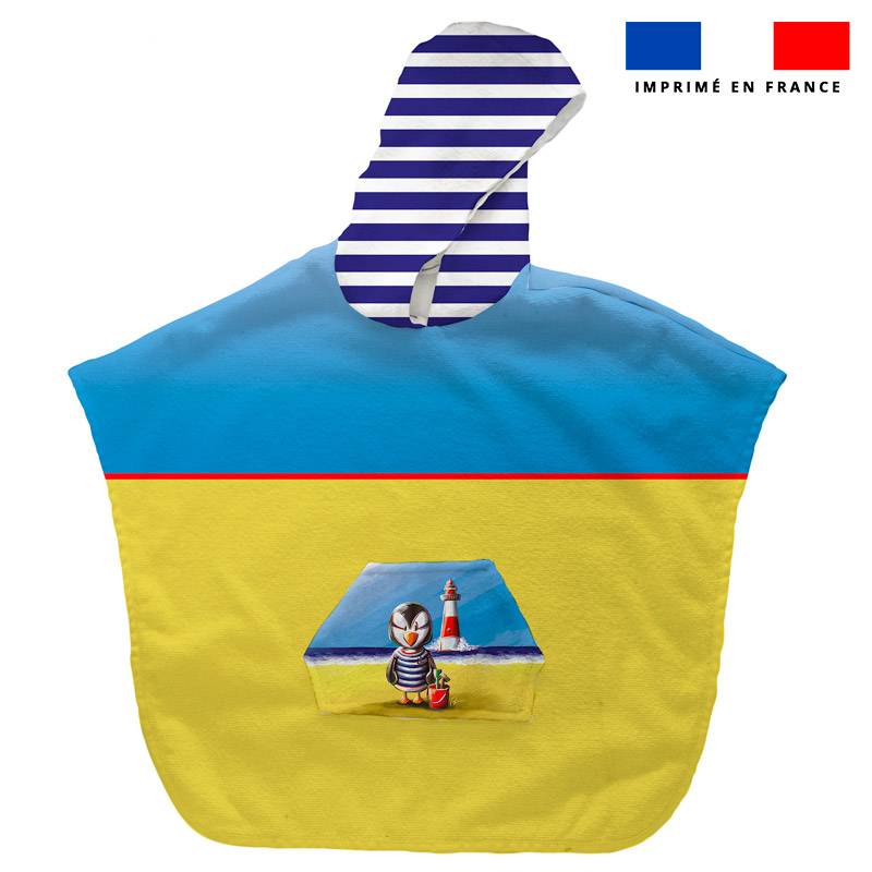 Kit poncho de bain bleu et jaune motif macareux - Création Stillistic