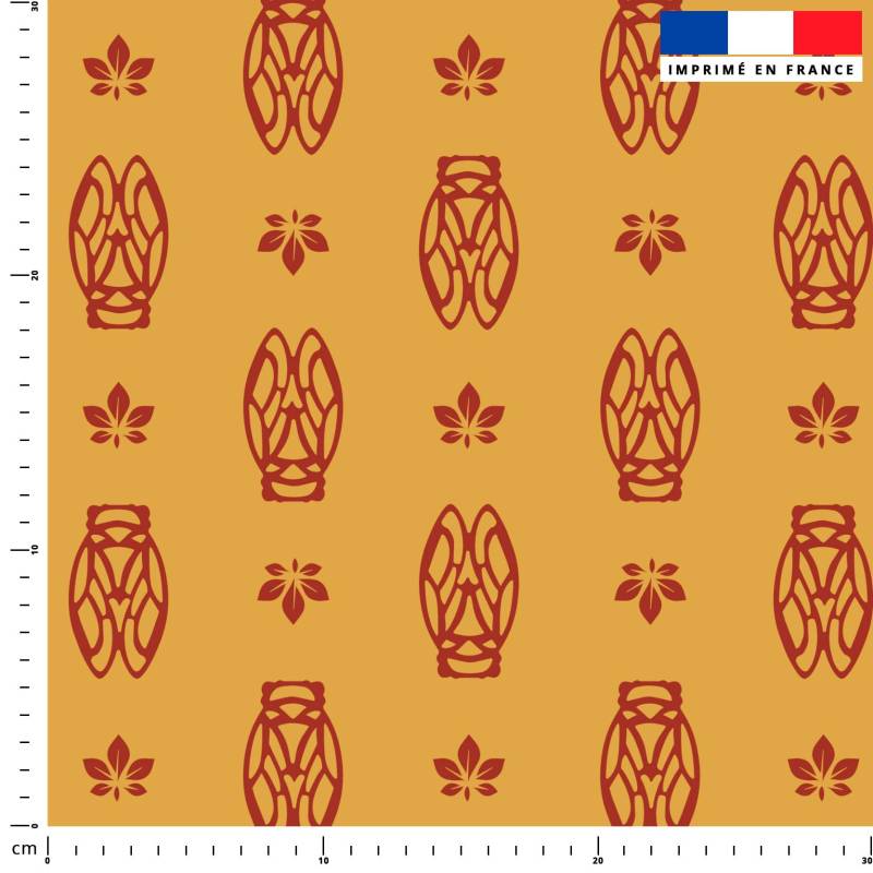 coupon - Coupon 100cm - Cigale provençale rouille - Fond ocre - Toile coton 230 gr/m² - 146 cm