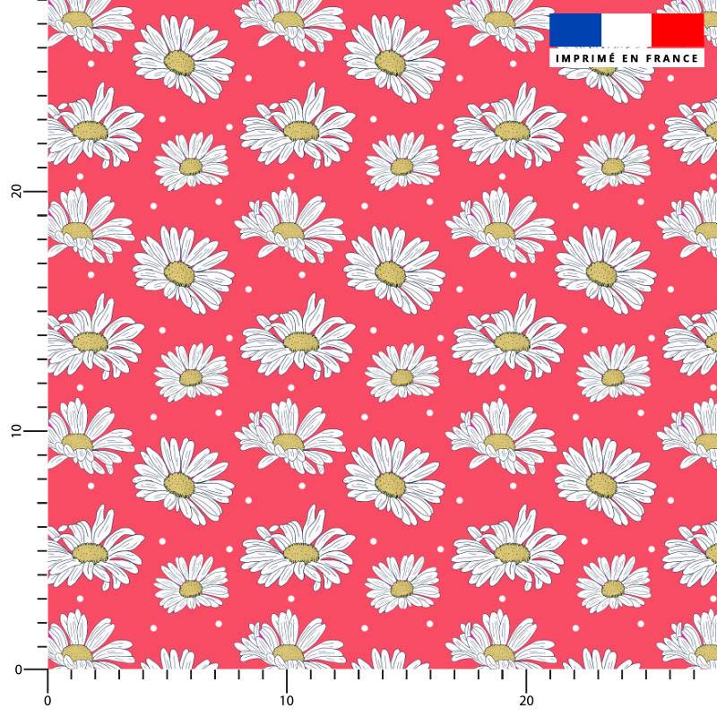 coupon - Coupon 100cm - Marguerites - Fond rose framboise - Création La Fossette - Toile coton 230 gr/m² - 146 cm