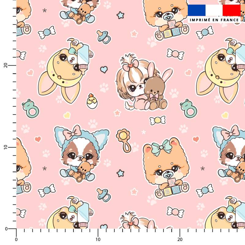 coupon - Coupon 100cm - Chiots - Fond rose - Création Jolifox - Tissu imperméable 300gr/m² - 150 cm